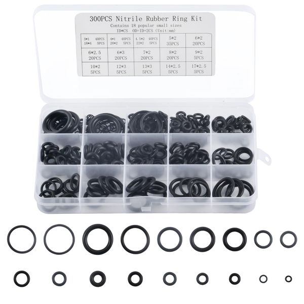 300 Pcs O-Rings Gasket kit, Rubber Nitrile Washers O Rings Assorted, Kitchen Tap Washers Seals Spacers for Mixer Taps, Plumbing, Rubber Spacer Gasket Washers Seal O-Ring Kit - 18 Sizes