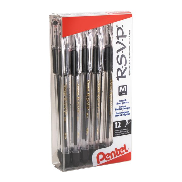 Pentel(R) R.S.V.P.(R) Ballpoint Pens, 1.0 mm, Medium Point, Clear Barrel, Black Ink, Pack of 12, BK91-A