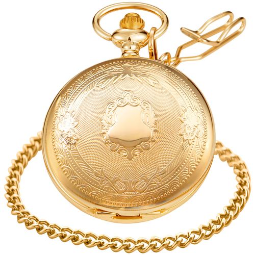 Realpoo Gold Smooth Shield Round Case Quartz Pocket Watch Quartz Movement with Chain-Gold