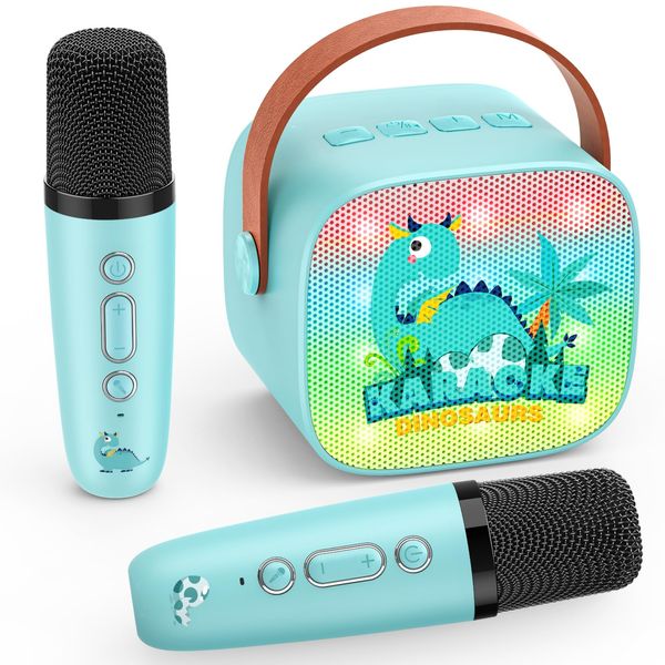 Dinosaur Karaoke Microphone Machine Toys: Colorful LED Portable Bluetooth Speaker with 2 Wireless Mics Boy Toys Christmas Birthday Gifts for 4 5 6 7 8 9 Years Old Girls Boys Kids Ages 5-7 8-12+