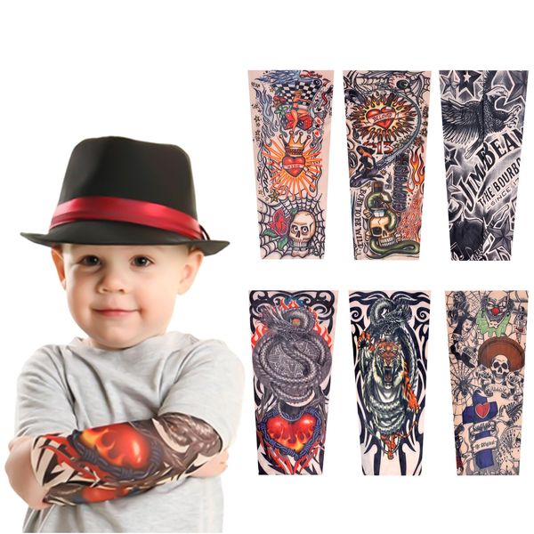 TSHAOUN 6 Stück Kinder Tattoo Ärmel Gefälschte Sonnencreme Armlinge, Tattoo Ärmel Tattoo Armstrumpf für Kinder Baby Nylon Temporäre Tätowierung Tattoo Strumpf Arm für Karneval Fasching Party (6PCS)