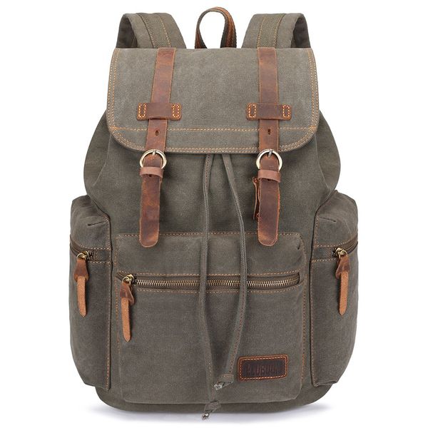 BLUBOON Canvas Vintage Backpack Leather Casual Bookbag Men Rucksack (Green)