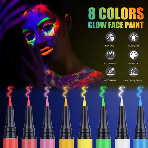 Jim&Gloria Water-Resistant Face Paint Pen Glow In the Dark Under UV Light 8 Neon Rainbow Colors Smudge Proof WaterProof Body Painting Kit for Kids Tattoo Skin Markers Eye Makeup for Halloween