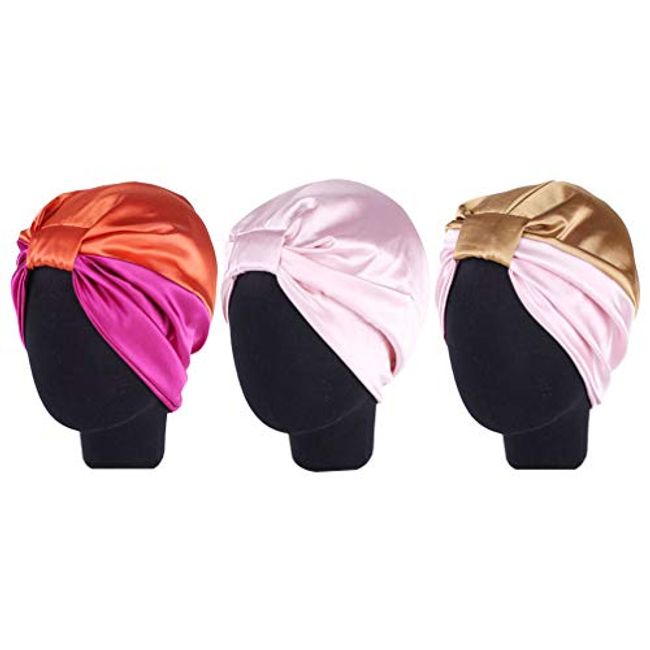 EXCEART 3pcs Satin Silk Lined Sleep Cap Beanie Hat Elastic Night Headwear Turban Sleep Cap Mixed Color