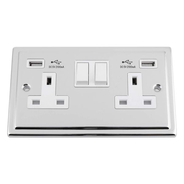TRIMLINE Polished Chrome USB Socket 2 Gang White Insert Plastic Rocker Switch 2.1