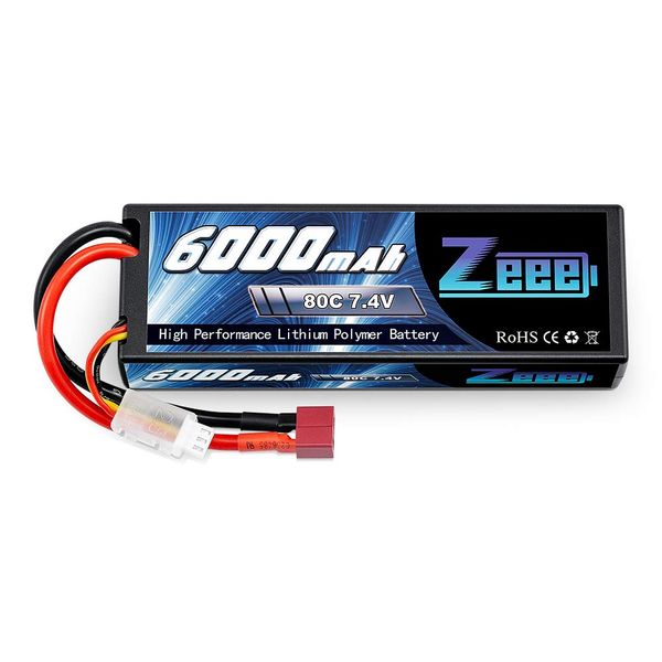 Zeee 2S Lipo Battery 6000mAh 80C 7.4V Hard Case with Deans Connector for 1/8 1/10 Scale RC Car Airplane Helicopter Boat