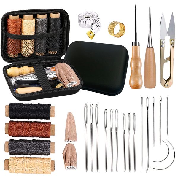 Leather Sewing Kit,Leather Tool Kit,Leather Working Tools with Leather Sewing Needles,Waxed Thread,Thimble,Awl and Storage Bag Leather Craft Hand Tools and Supplies for DIY Sewing Craft