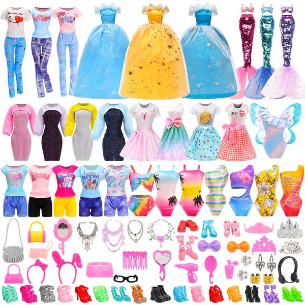 Miunana 59 PCS Girl Doll Clothes and Accessories for 11.5 Inch Doll Butterfly Swimsuit Bikini Wings Mermaid Tail Outfit Wedding Dress Fashion Top and Pants 40 Accessories 10 Pairs of High Heels Shoes