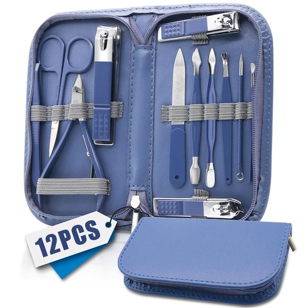 Manicure Set, Nail Care Kit, Manicure Pedicure Set Professional Manicure Kit for Women Men, Manicure & Pedicure Tools & Accessories, Nail Care Tool with Blue Leather Travel Bag, Set 12 in 1