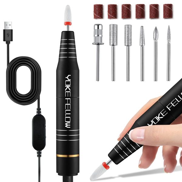 YOKEFELLOW Efile Nail Drill Protable,30000RPM USB Electric Nail File Machine Polishing Tools Manicure Pedicure Kit Professional Removing Acrylic Gel Nails with 6 Drill Bits Black