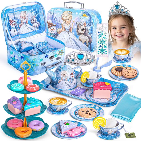 Frozen Tea Party Set for Little Girls, Elsa Princess Toy Gift, Kids Pretend Play Tin Tea Set with Teapot, Tea Cups, Food Playset & Carrying Case, Birthday for Girls Age 3+