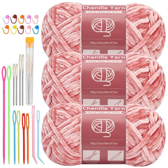 LUNARM 3 * 100g Chenille Yarn, Yarn for Crocheting Knitting with Big Eye Needles, Handcrafts Weaving Soft Chenille Yarn for Making Blankets, Clothes, Pattern Knitting Creations (Peach Pink)