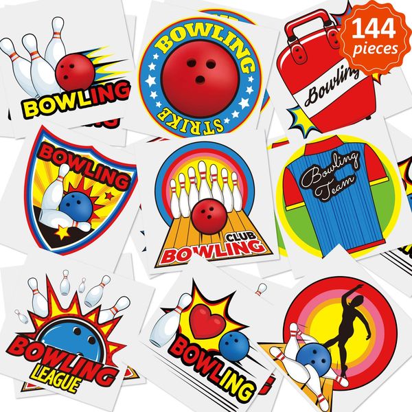 Outus 144 Pieces Bowling Temporary Tattoos Sport Stickers for Kids Bowling Themed Party Favors Decoration Supplies Waterproof Stickers Bowling Tattoos Boys School Prizes Rewards, 9 Styles