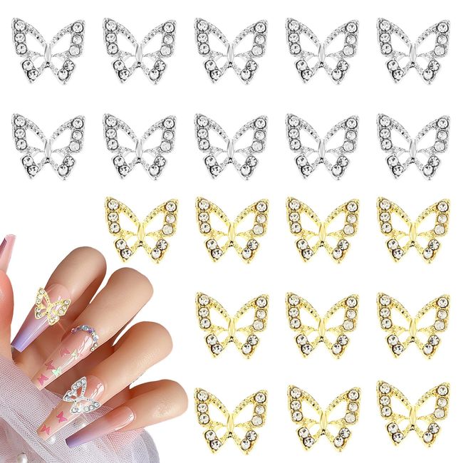 Gjinxi 20 Pcs 3D Butterfly Nail Charms, Metal Butterflies Shape Nail Gems Charms for Nails, Nail Rhinestone Decorations Supplies for Nail Art DIY Crafts Design (Gold, Silver)