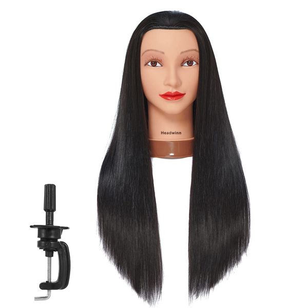 Headwinn Mannequin Head with Hair 26"-28" Synthetic Fiber Hair Styling Training Head Manikin Cosmetology Doll Head for Wigs Free Clamp Stand (Black)