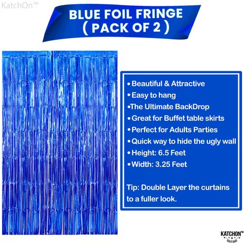 KatchOn, Metallic Blue Backdrop Curtain - 3.2x6.5 Feet, Pack of 2 | Blue Streamers Party Decorations | Blue Fringe Curtain for Under The Sea Party Decorations | Ocean Decorations, Blue Party Supplies