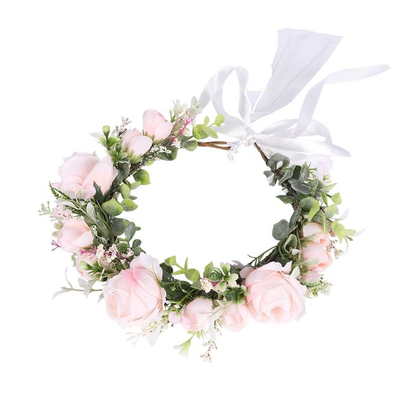 Vivivalue Women Flower Crown Rose Floral Headband Hair Wreath Floral Headpiece Halo Boho with Ribbon Wedding Party Pink