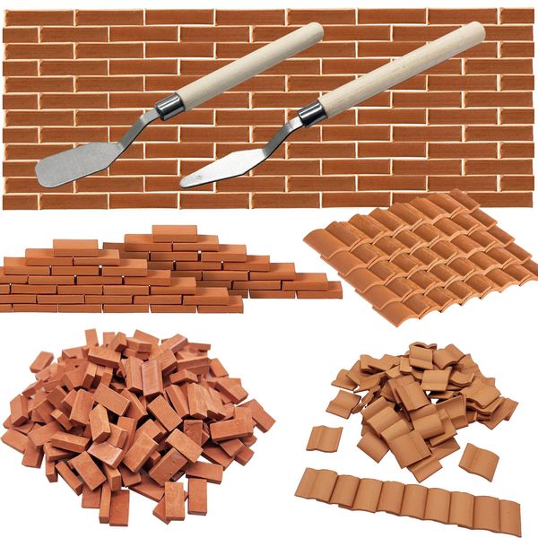 Woohome 262 PCS Mini Red Roof Tiles Mini Red Wall Bricks Set, DIY Materials Miniature Brick Scale Model Bricks and Miniature Tiles Roof Tiles Dollhouse Fake Tiles for Miniature House Buding