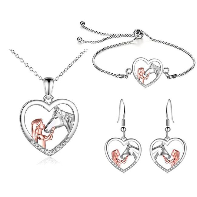 TOFBS Mädchen und Pferd Halskette Ohrringe Armband Schmuckset Silber Herz Anhänger Halskette Geschenke für Mädchen Frauen Freundin Ehefrau Mutter Tochter Pferdeliebhaber