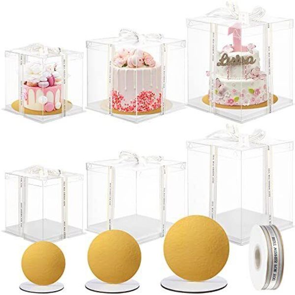 6 Sets Clear Cake Box with Cake Boards Ribbons 10 Inch 8 Inch 7 Inch