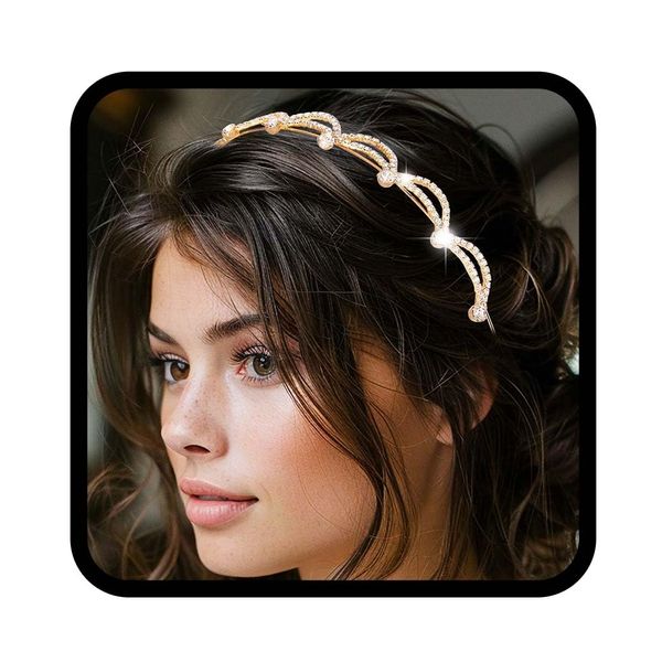 Reaky Crystal Headband Gold Bridal Headpiece Rhinestone Headbands Wedding Hair Accessories for Women (Gold)