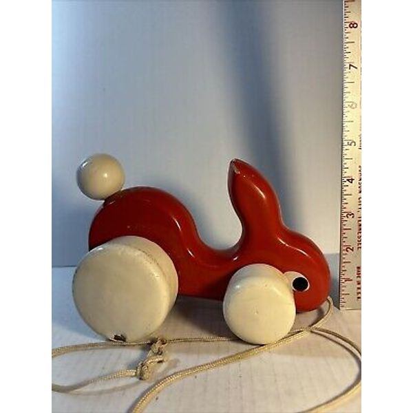 Vintage Red Wood Rabbit White Oblong Back Wheels Pull Along Toy Hopping Cute