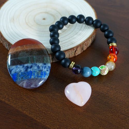 Soulnioi Crystals Healing Stones Crystals, Spiritual Energy 7 Chakra Stone, Thumb Worry Stone for Anti-Anxiety, Chakra Crystals Stones, Heart Shaped Pink Crystal, 7 Chakra Bracelet with Black Beads