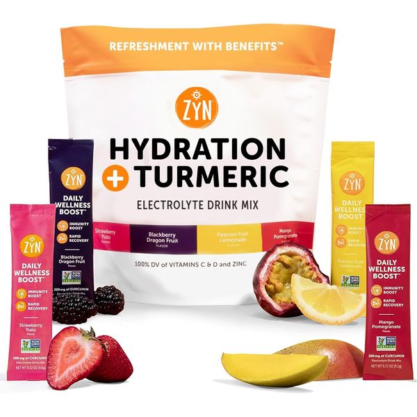 ZYN Turmeric Electrolyte Drink Mix for Gut Health Hydration Packets with Vitamins, Zinc & Curcumin, Recovery, Low Sugar Packets with Piperine, Variety, 16 Pack