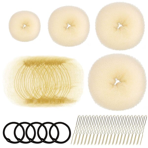 FANDAMEI Hair Bun Maker, Hair Donut Bun Maker Set with 4PCS Donut Bun(1 Extra-large, 1 Large, 1 Medium and 1 Small), 20PCS Invisible Hair Nets, 20PCS Hair Pins and 5PCS Hair Elastic Bands(Gold)