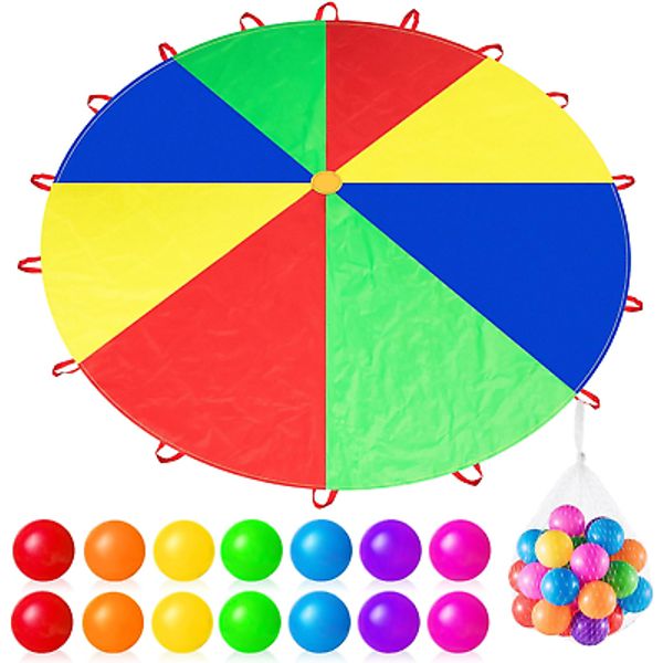 Rainbow Parachute Toy with Handles and 30 Plastic Colorful Ocean Balls Parachute