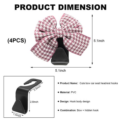 DXNQ 4 PCS Cute Bow Car Seat Headrest Hooks, Lovely Bow-Knot Vehicle Rear Seat Bracket Hook, Multi-Use Portable Bow Seat Back Hook for Handbags Umbrellas Grocery Storage (Houndstooth Pink)