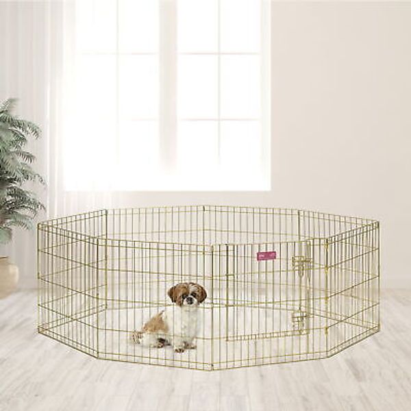 24"H Pets Metal Exercise Dog Playpen No Door Expandable 8-Panel Dog Kennel Gold