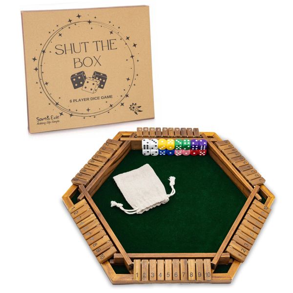 Shut The Box Game Wooden 6 Player – Close The Box Classic Wooden Dice Game for 1-6 Players | Board Game Table Dice Games for Families with 16 Colorful Dice - Shut The Door Game