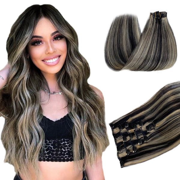 Belaved Hair Extensions Clip in Human Hair Black Mix Blonde 18 Inch 70g 7pcs 100% Remy Human Hair Clip in Extensions Straight Real Human Hair Clip in Hair Extensions