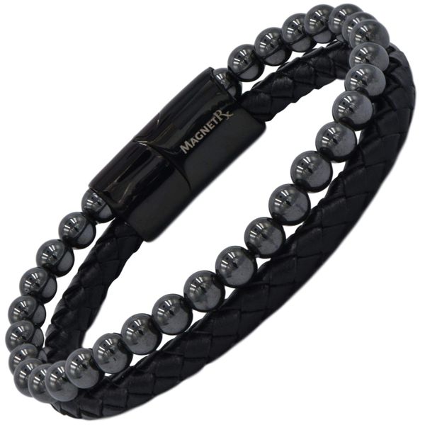 MagnetRX® Hematite & Leather Magnetic Therapy Bracelet - MAX Strength Natural Pain Relief and Healing Stones - Beaded Magnetic Hematite Bracelets (Large)