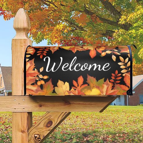 Autumn Fall Mailbox Cover Magnetic Welcome Maple Leaf Mailbox Wraps Post Letter Box Cover for Garden Yard Home Decor Standard Size 21" x 18"