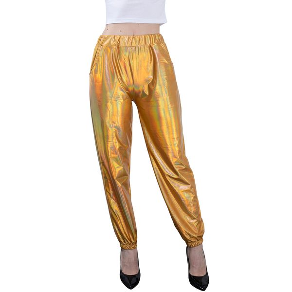 NewL Damen Metallic Glänzend Jogger Casual Holographische Farbe Streetwear Hose Hip Hop Mode Glatte Elastische Hose, Gold, L