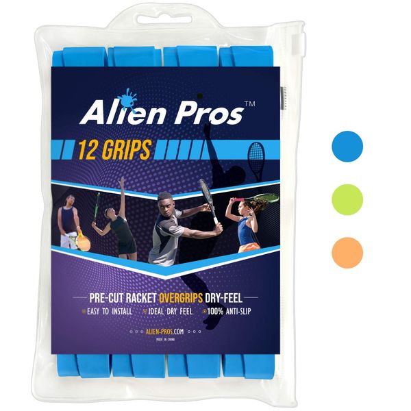 Alien Pros Tennis Racquet Grip Tape (12 Grips) - Pre-Cut, Dry Tennis Grips - Tennis Overgrip Tape, Tennis Racquet - Wrap it on the Racquet for High Performance (12 Grips, Blue)