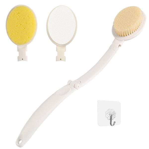 LFJ 3 in 1 Shower Brush Sponge Set for Shower, 19" Long Handle Body Brush, Bath Sponge and Lotion Applicator Gentle Exfoliation and Improved Skin Health, Suitable for Men and Women