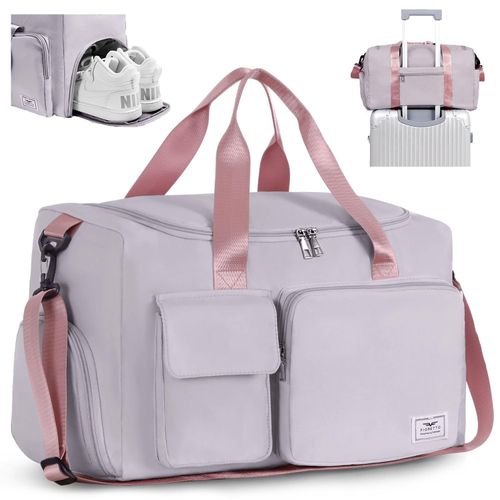 FIORETTO Womens Mens Sports Gym Bag Duffle Bag with Shoes Compartment, Weekend Travel Bag Overnight Bag for Women, Water Resistant Holdall Hospital Bag for Swimming Grey