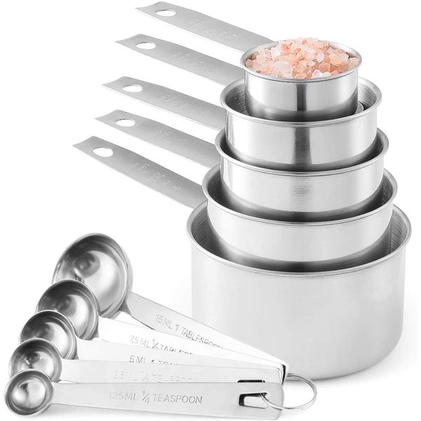 Stainless Steel Measuring Cups And Measuring Spoons 10-Piece Set, 5 Cups And 5 Spoons