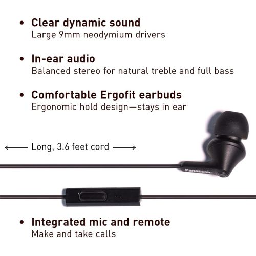 Panasonic ErgoFit Wired Earbuds, In-Ear Headphones with Microphone and Call Controller, Ergonomic Fit Earbuds (S/M/L), 3.5mm Jack for Mobile Phones and Laptops - RP-TCM125-KA