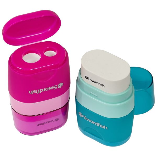 Swordfish ‘Twin Combo’ Double-Hole Pencil Sharpener and Eraser [Pack of 20] Assorted Colours [40295]