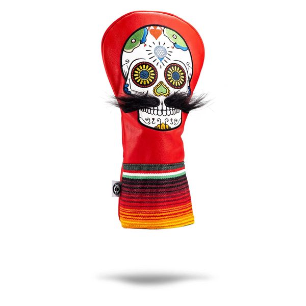 Pins & Aces Golf Co. LE Sugar Skull Mustache Driver Head Cover - Premium, Hand-Made Leather 1W Headcover - Funny, Tour Quality Golf Club Cover - Style and Customize Your Golf Bag (Red)