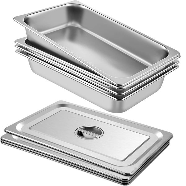 Mophorn 4 Pack Hotel Pan 3.7" Deep Steam Table Pan Full Size with Lid 20.8" L x 13" W, 22 Gauge Stainless Steel Anti Jam Table Pan