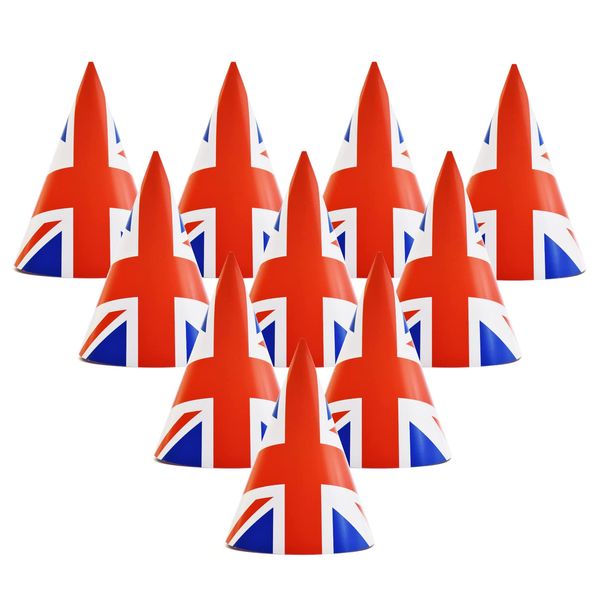 Pack of 10 Paper Union Jack Flag Party Hats - British Cone Hats with Elastic String for Adults, Kids, UK Tableware Decor Party Supplies for His Majesty King's Birthday, British Theme Royal Events