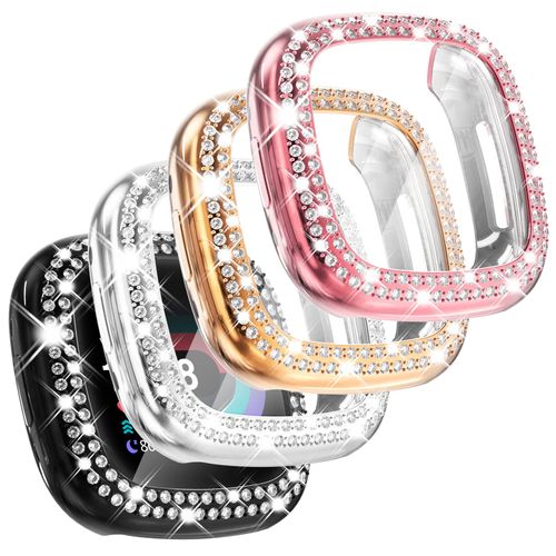 CHANCHY 4 Pack Compatible with Fitbit Versa 4 Screen Protector Case, Soft TPU Full Protective Case Cover Bumper Bling Crystal Diamond Frame for Fitbit Versa 4 Smart Watch, Rose Gold/Pink/Silver/Black