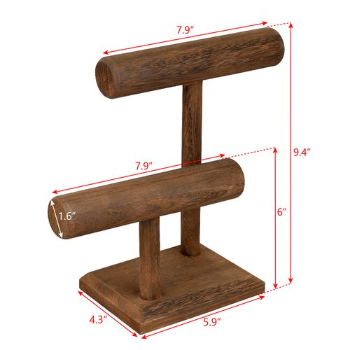 Ikee Design 2 Tier Wooden Jewelry Bracelet Watch Display Tower, Bangle Scrunchie Necklace Holder Storage Stand, 7.9 W x 4.3 D x 9.4 H in, Brown Color