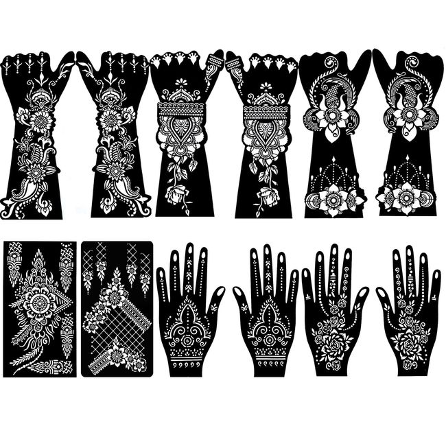 QSTOHENA Henna Tattoo Schablonen Kit,12 Blatt Schwarz Temporäre Tattoo Schablonen Mandala Blume indischer Araber Tattoos Aufkleber für Hand Arm Körperbemalung