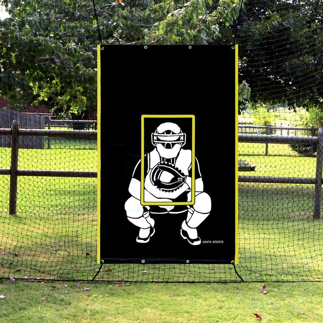 VANTA SPORTS 4'x6' Vinyl Backstop with Strike Zone and Catcher Image for Baseball/Softball, Batting Cage Backdrop and Net Saver